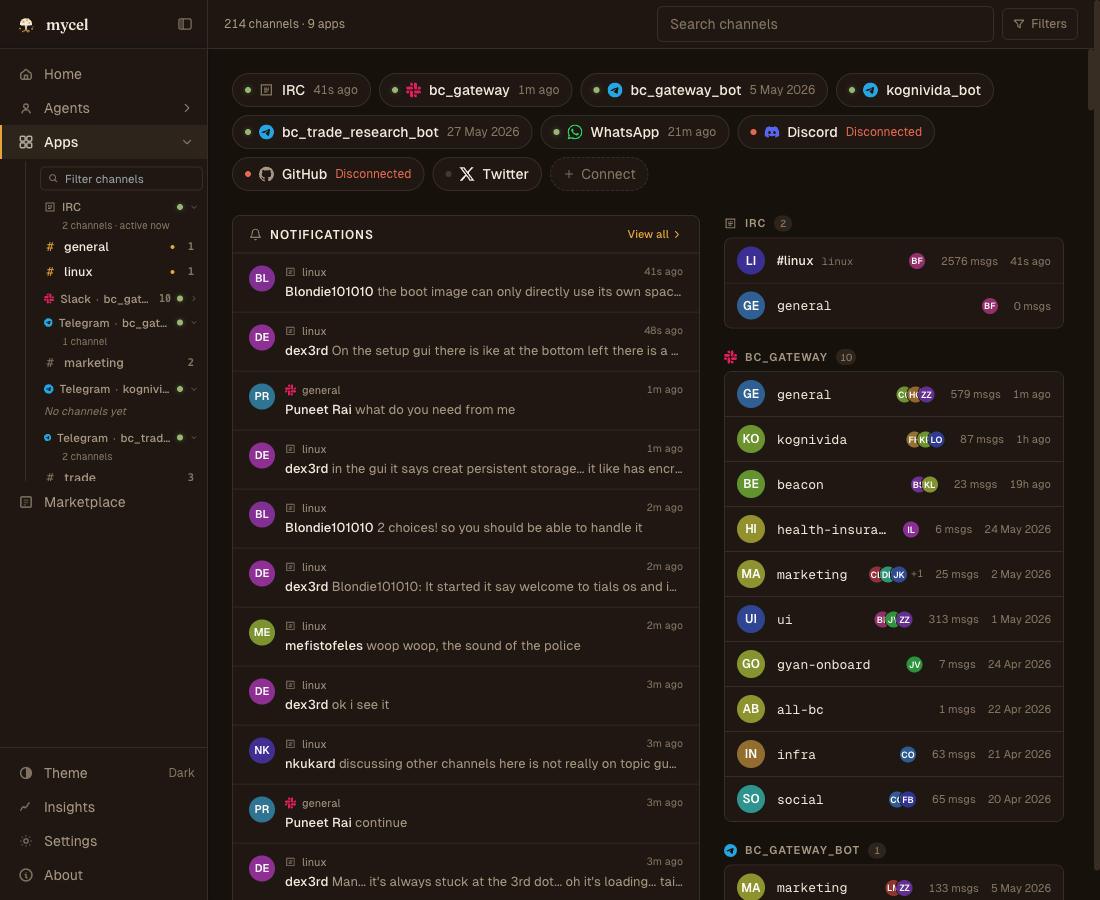 The apps view, live: connected platforms including Slack, Telegram, IRC, and WhatsApp, with real channel activity and notifications scrolling by