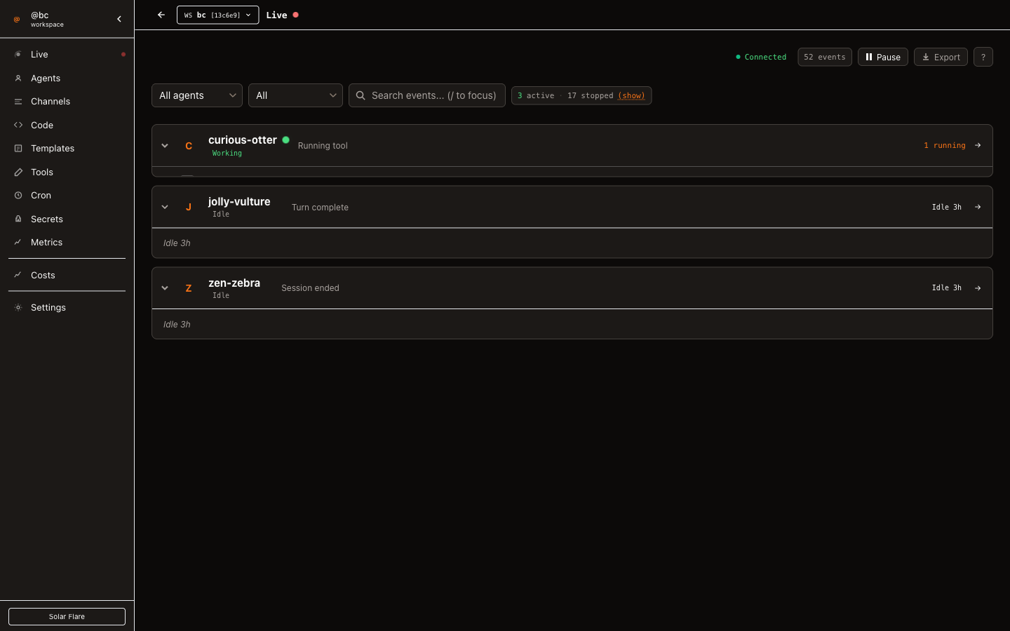 mycel dashboard showing agent status, channels, and costs