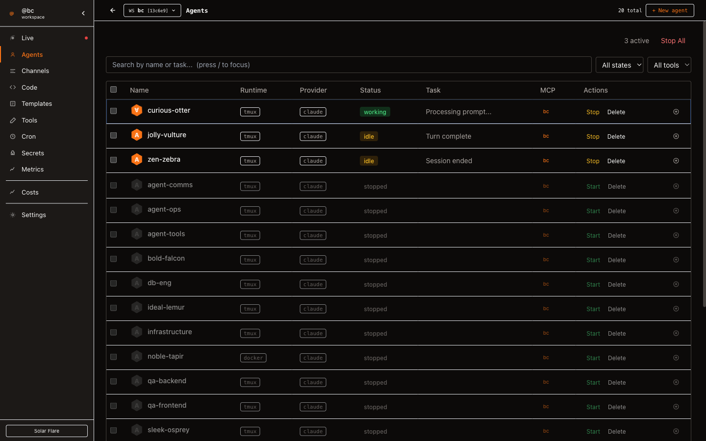 mycel Agents view showing a table of agents with their roles, tools, states, and tasks