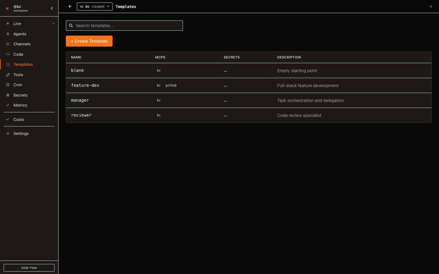 mycel Web Dashboard showing roles, tools, secrets, logs, and system health views