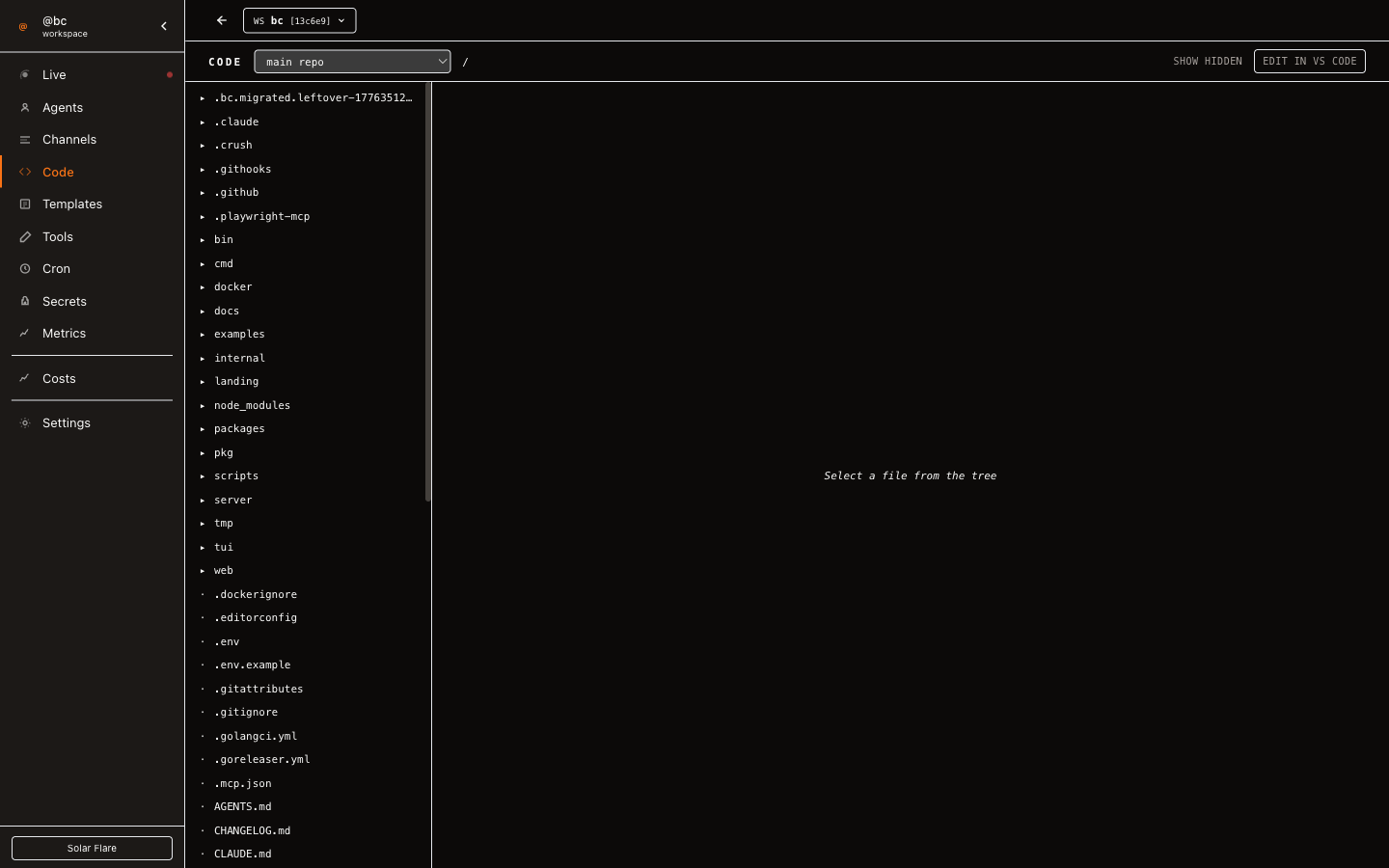 mycel MCP view showing configured MCP servers with transport type and connection status